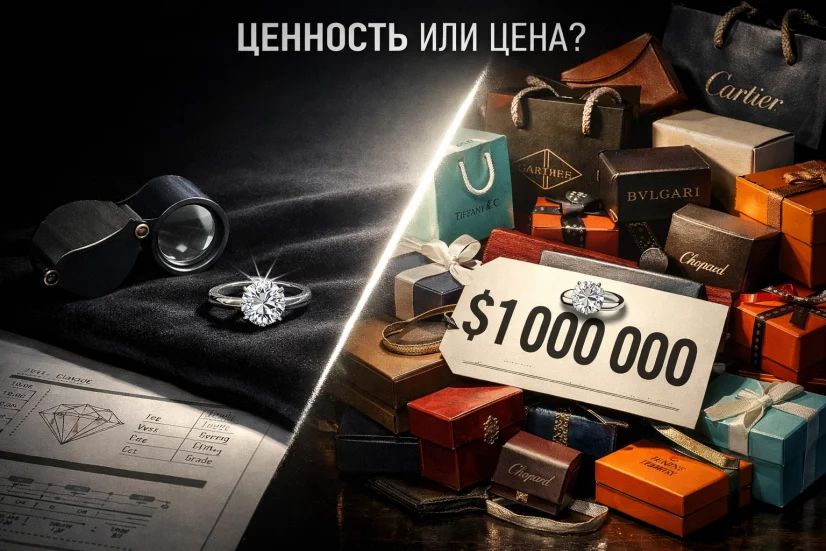 Бриллиантовое кольцо с сертификатом и лупа напротив него в окружении брендовых коробок и огромного ценника. Вопрос «ЦЕННОСТЬ ИЛИ ЦЕНА?»