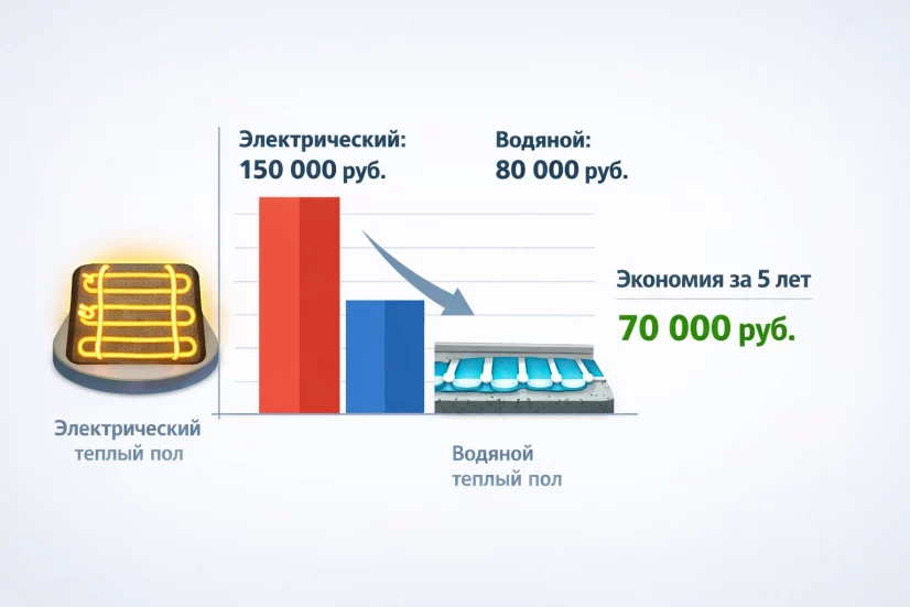 Сравнение затрат за 5 лет: электрический пол — 150 тыс. руб., водяной — 80 тыс. руб.