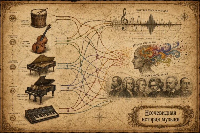 Стилизованная историческая карта музыкальных инструментов и их влияния на культуру от древности до наших дней.