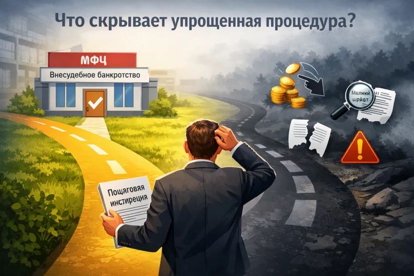 Растерянный человек с инструкцией выбирает между ярким путем к МФЦ и темной дорогой с рисками банкротства.
