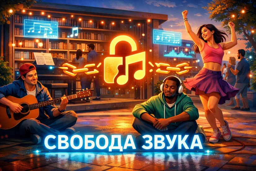 Разнообразные люди делятся музыкой на улице, символ открытого замка в центре, светящаяся надпись «СВОБОДА ЗВУКА».