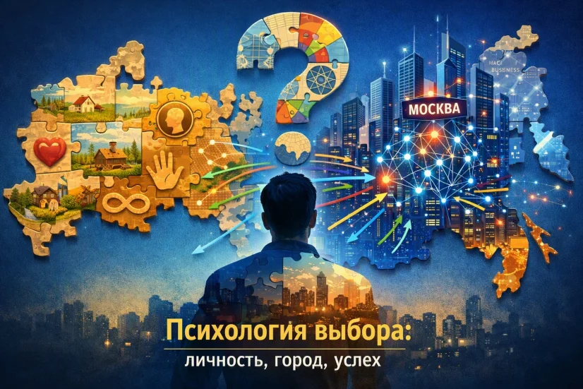 Стилизованная карта России как головоломка: неоновые нейросвязи Москвы, пазлы регионов с психотипами и бизнес-стратегии-стрелки.